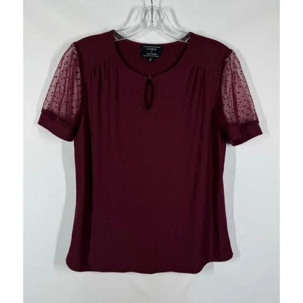 005 --- Flower and Feather Keyhole Neckline Sheer Puff Polk a Dot Sleeve Sweater